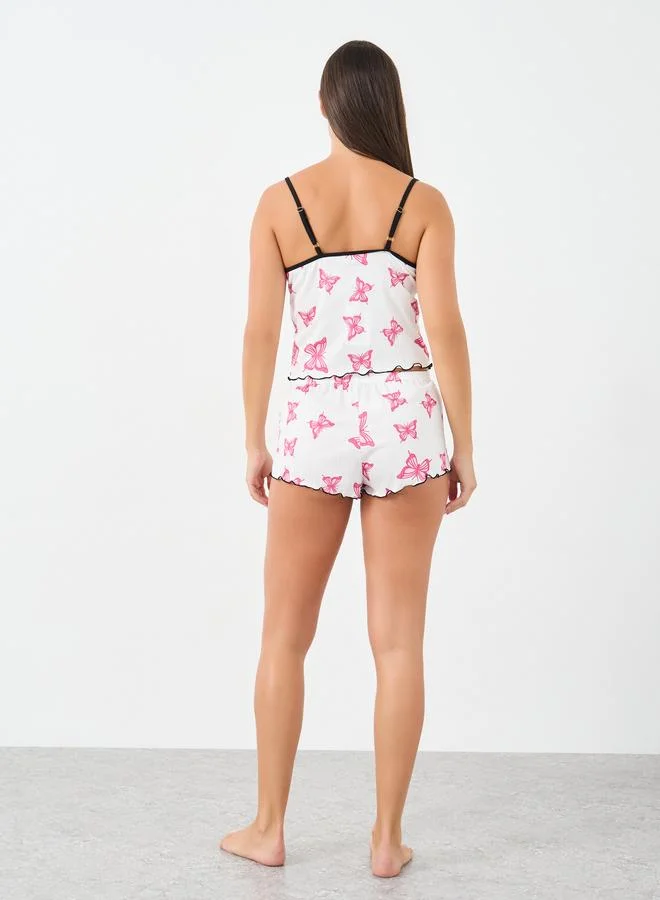 ستايلي Styli Butterfly Print Rib Cami and Lettuce Edge Shorts Set