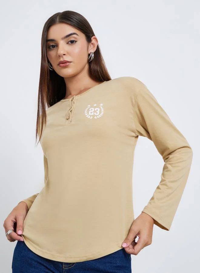 Women Beige Graphic Print Henley Neck T-Shirt