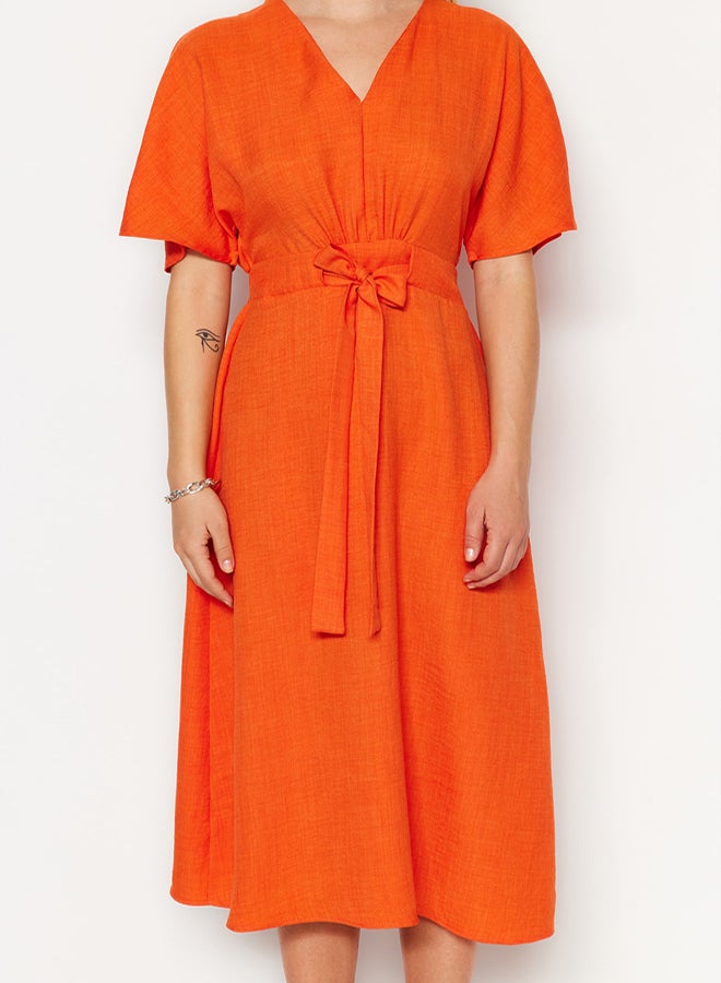 trendyol Orange Lacing Detailed A-line V-neck Midi Woven Dress - Image 4