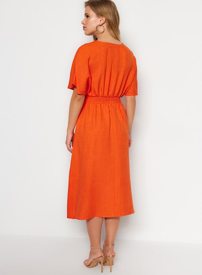 trendyol Orange Lacing Detailed A-line V-neck Midi Woven Dress - Image 5