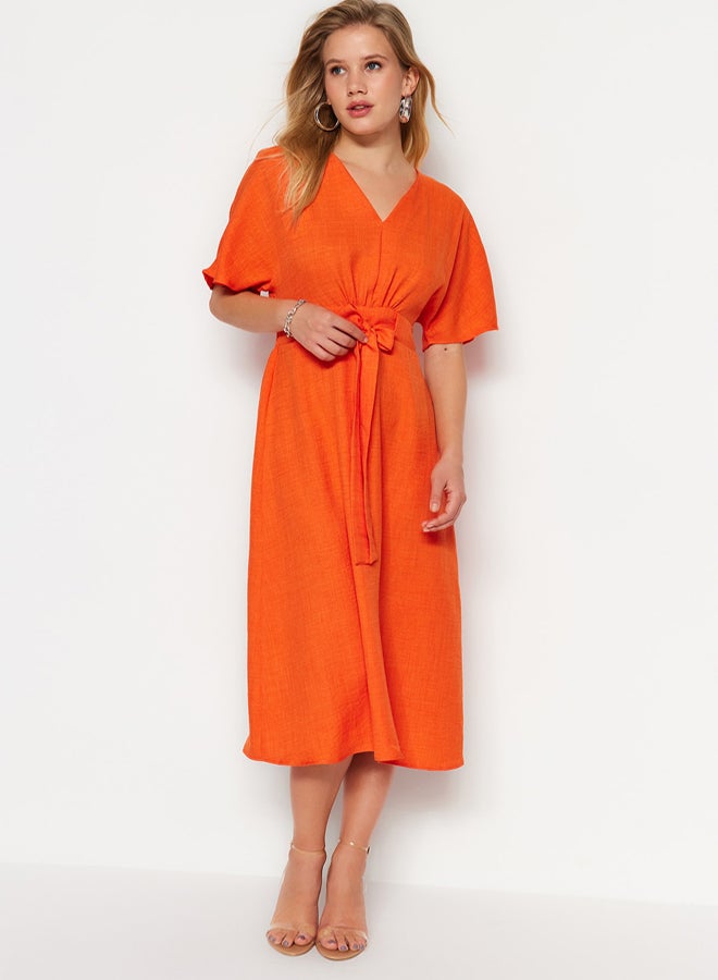 trendyol Orange Lacing Detailed A-line V-neck Midi Woven Dress - Image 3