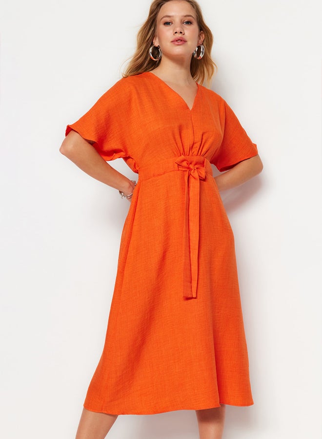 trendyol Orange Lacing Detailed A-line V-neck Midi Woven Dress - Image 1