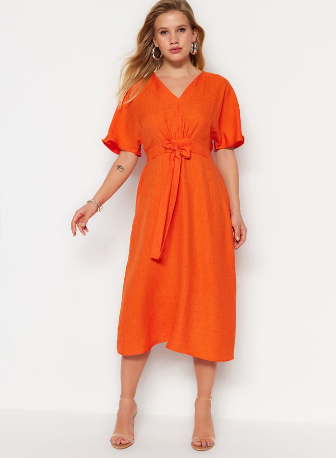 trendyol Orange Lacing Detailed A-line V-neck Midi Woven Dress - Image 2