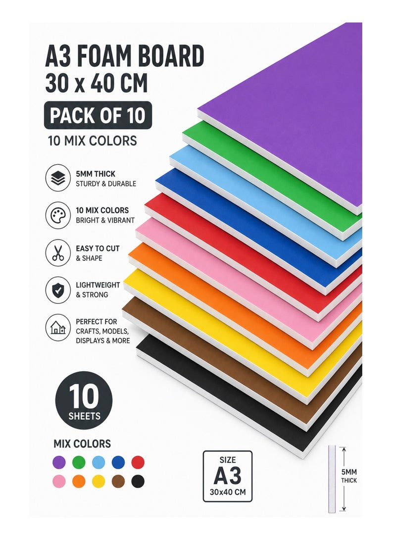 10-Piece 5mm Thick Foam Board For Craft And Illustration A3 30x40cm Size Assorted Colours - Image 1