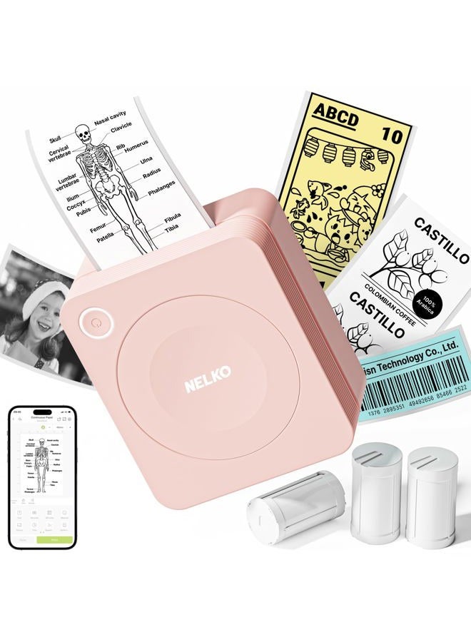 Nelko Sticker Printer, PM230 Print Pod Mini Printer Bluetooth Portabel Sticker Maker with 3 Rolls Paper, Print Pods Mini Printer with Multiple Templates for Phone & Tablet, Pink, 1 Pack - Image 1