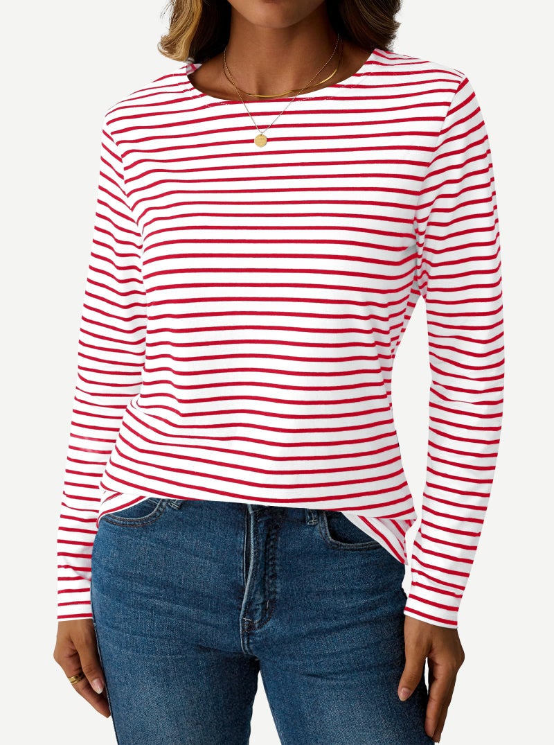 LilyCoco Womens Striped Long Sleeve Shirt Boat Neck Tops Breton Loose fit Tshirt Red White Small - Image 3