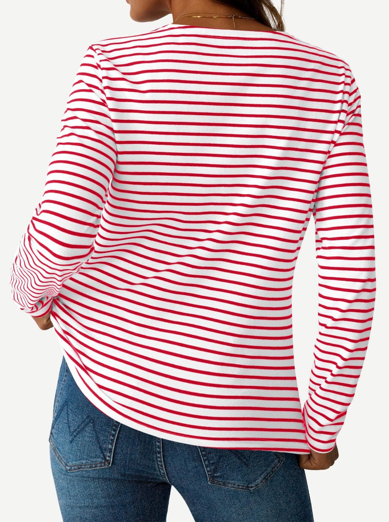 LilyCoco Womens Striped Long Sleeve Shirt Boat Neck Tops Breton Loose fit Tshirt Red White Small - Image 5