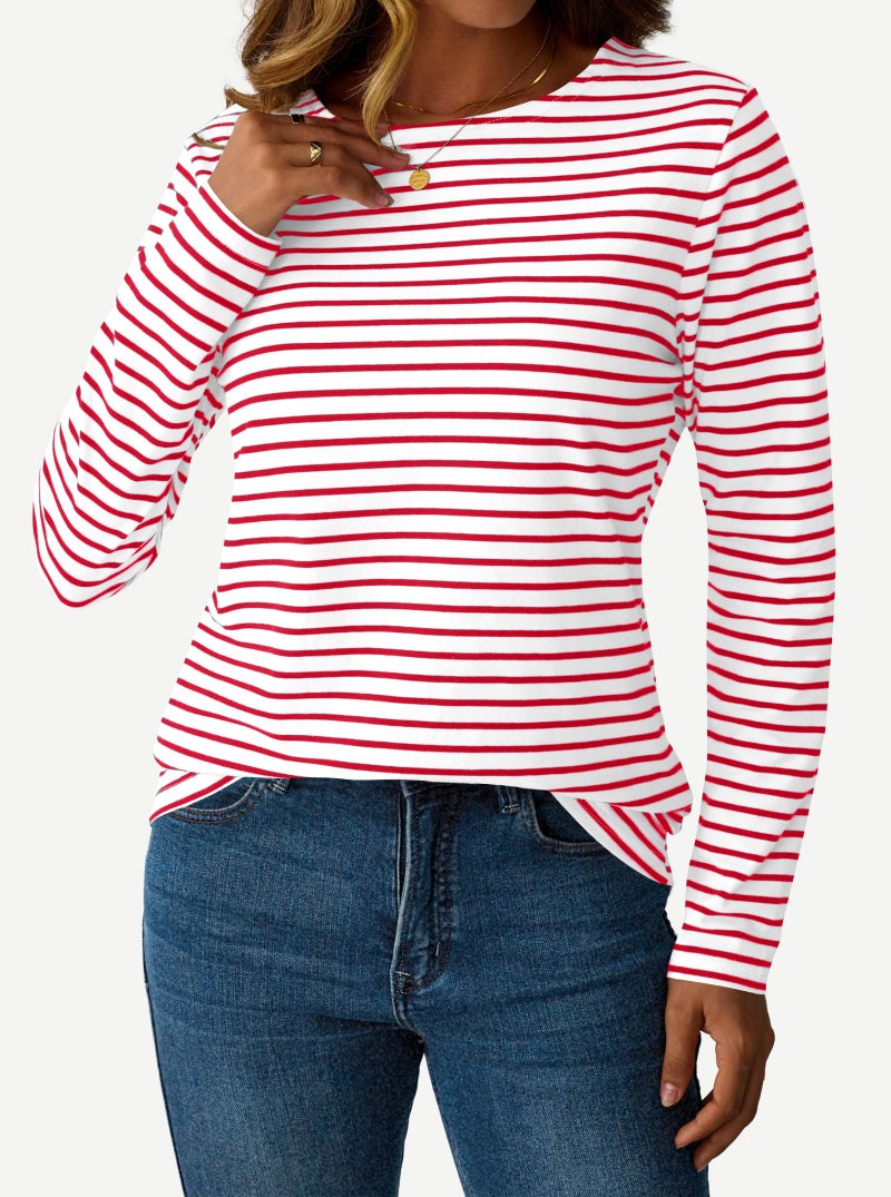 LilyCoco Womens Striped Long Sleeve Shirt Boat Neck Tops Breton Loose fit Tshirt Red White Small - Image 2