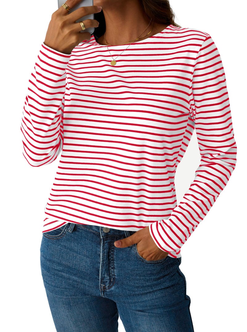 LilyCoco Womens Striped Long Sleeve Shirt Boat Neck Tops Breton Loose fit Tshirt Red White Small - Image 4