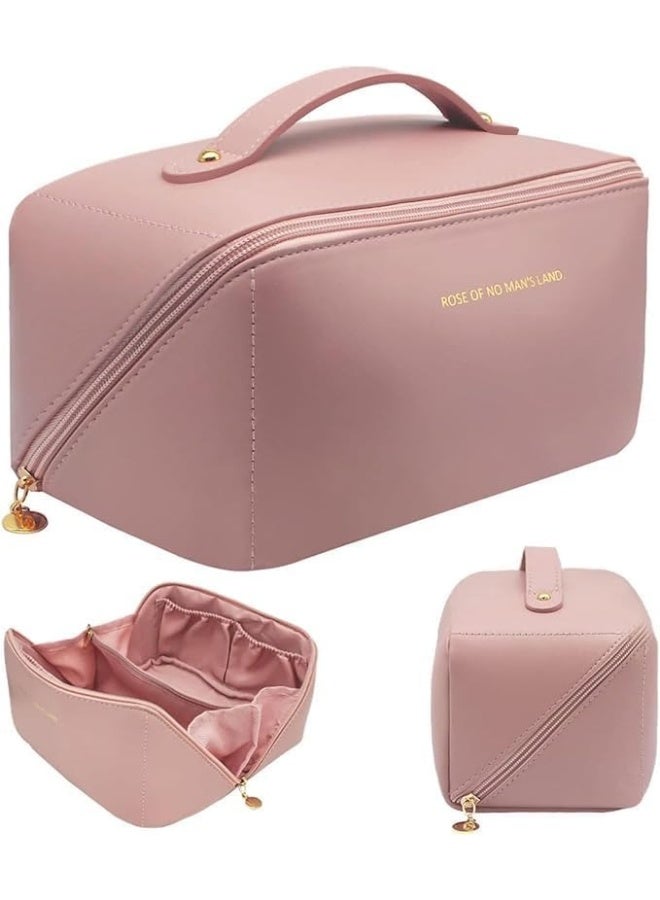 Women’s Leather Travel Makeup Bag – Large Capacity Portable Cosmetic Organizer with Sturdy Handle, Wide Top Opening & Interior Divider – Elegant Storage Case for Makeup, Skincare, Toiletries & Travel Accessories – Pink - Image 1