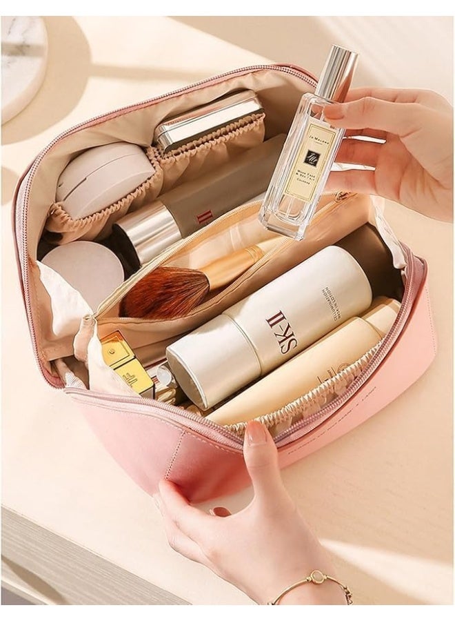 Women’s Leather Travel Makeup Bag – Large Capacity Portable Cosmetic Organizer with Sturdy Handle, Wide Top Opening & Interior Divider – Elegant Storage Case for Makeup, Skincare, Toiletries & Travel Accessories – Pink - Image 4