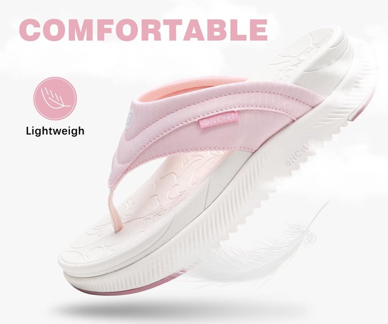 ONCAI Orthopedic Flip Flops Women with Arch Support Ladies Orthotic Recovery Sandals 2025 Comfortable Plantar Fasciitis Slip On Walking Sandal for Womans Indoor Casual Summer PinkWhite Size 7 - Image 5