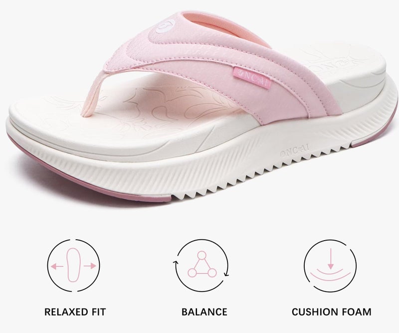 ONCAI Orthopedic Flip Flops Women with Arch Support Ladies Orthotic Recovery Sandals 2025 Comfortable Plantar Fasciitis Slip On Walking Sandal for Womans Indoor Casual Summer PinkWhite Size 7 - Image 3