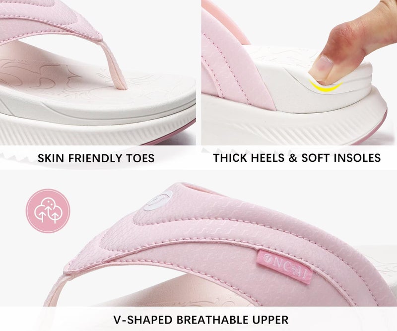 ONCAI Orthopedic Flip Flops Women with Arch Support Ladies Orthotic Recovery Sandals 2025 Comfortable Plantar Fasciitis Slip On Walking Sandal for Womans Indoor Casual Summer PinkWhite Size 7 - Image 4