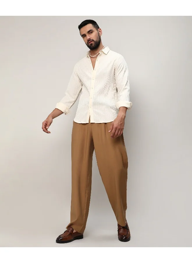 كامبوس سوترا Men's Pale Yellow Self-Design Striped Shirt