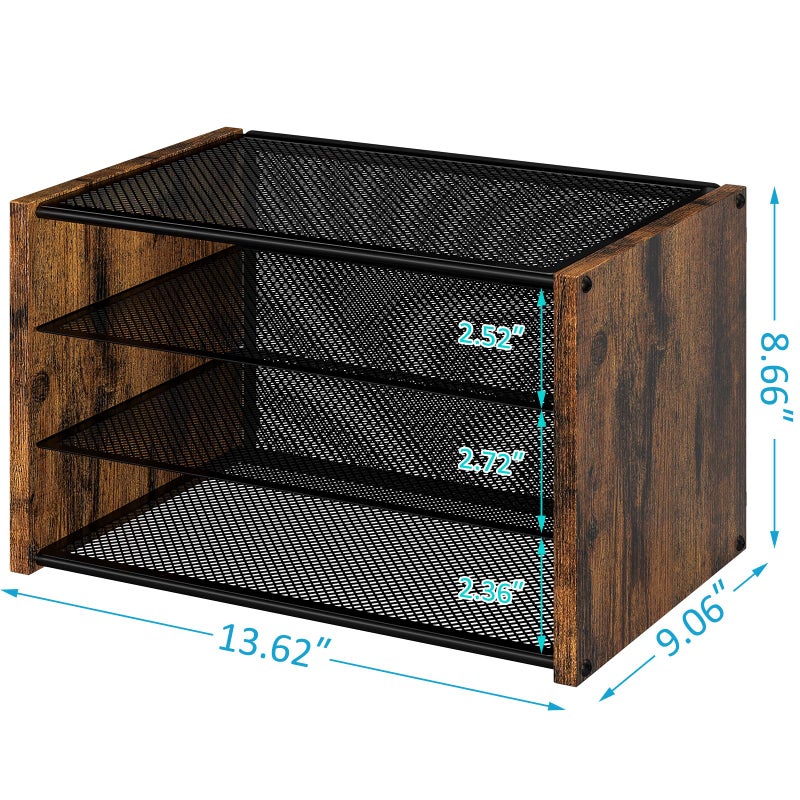 DAOUTIME 3-Tier Paper Letter Tray, Wooden Desk File Organizer, Stackable Metal Mesh Desk Organizer for Office Supplies. Small Paper Trays for Home Office School, Rustic Brown - Image 3