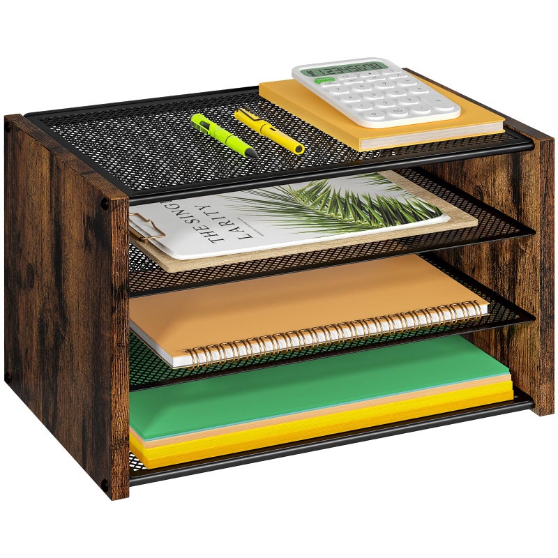 DAOUTIME 3-Tier Paper Letter Tray, Wooden Desk File Organizer, Stackable Metal Mesh Desk Organizer for Office Supplies. Small Paper Trays for Home Office School, Rustic Brown - Image 1