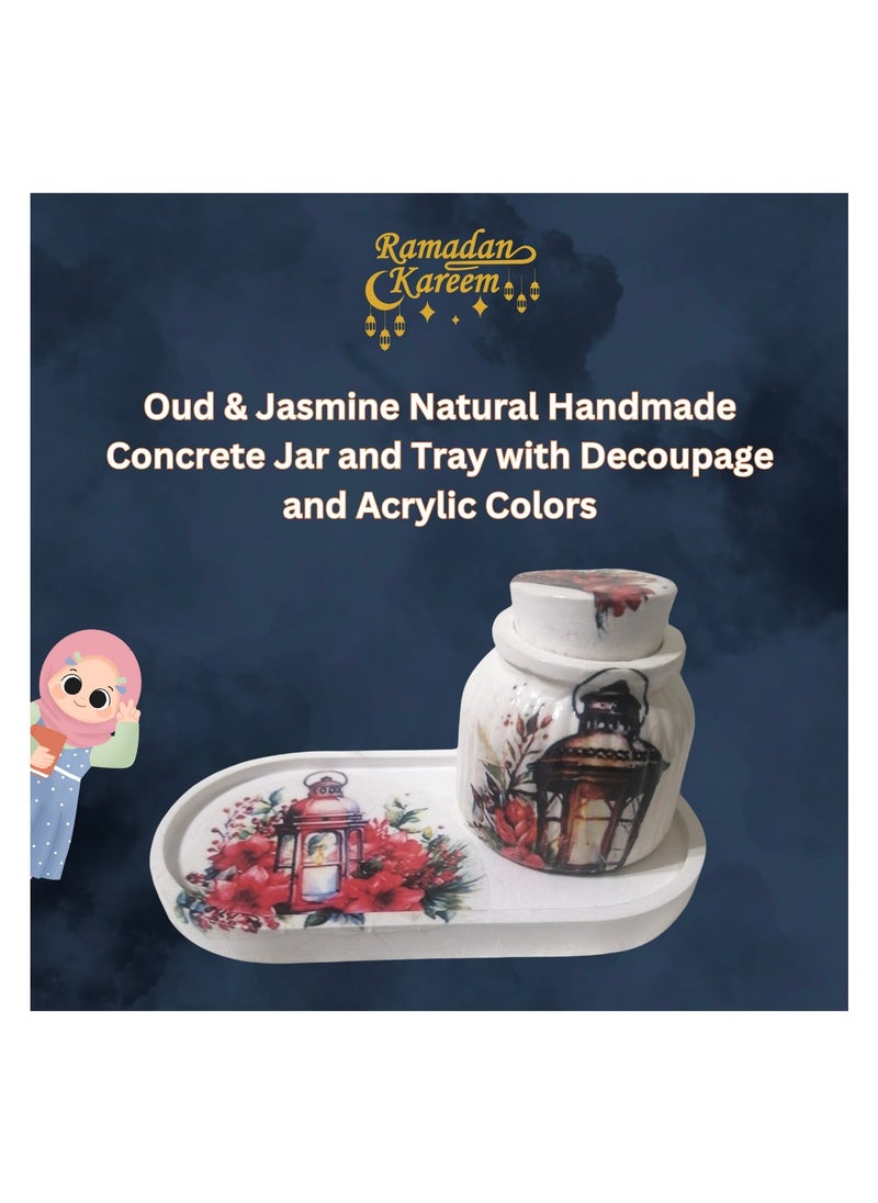 Generic Oud & Jasmine Natural Candle for Safe Burning – Handmade Concrete Jar and Tray with Decoupage and Acrylic Colors  - Image 1
