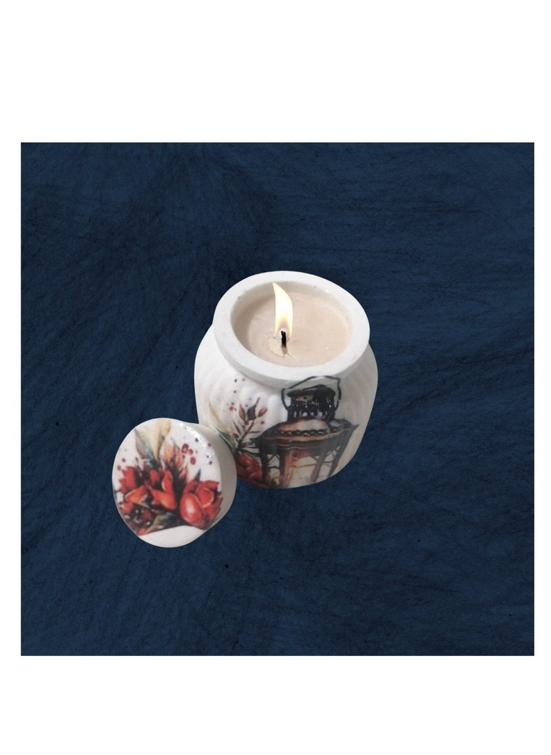 Generic Oud & Jasmine Natural Candle for Safe Burning – Handmade Concrete Jar and Tray with Decoupage and Acrylic Colors  - Image 3