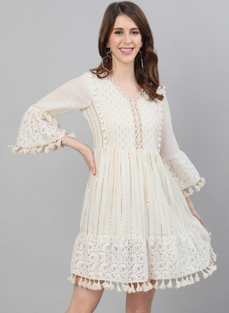 ISHIN Off-White Self Design Fit and Flare Dress - Image 1