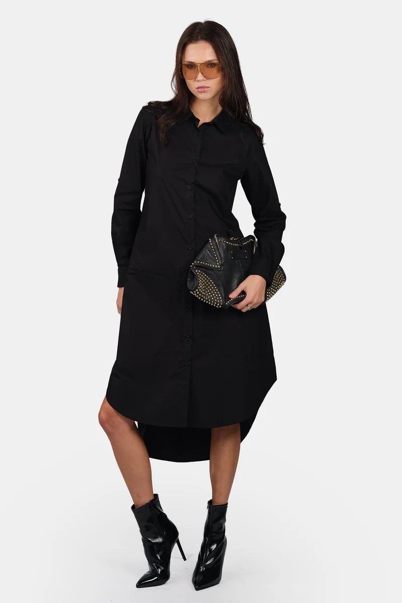 Solid Cotton Asymmetric Midi Shirt Dress for Women