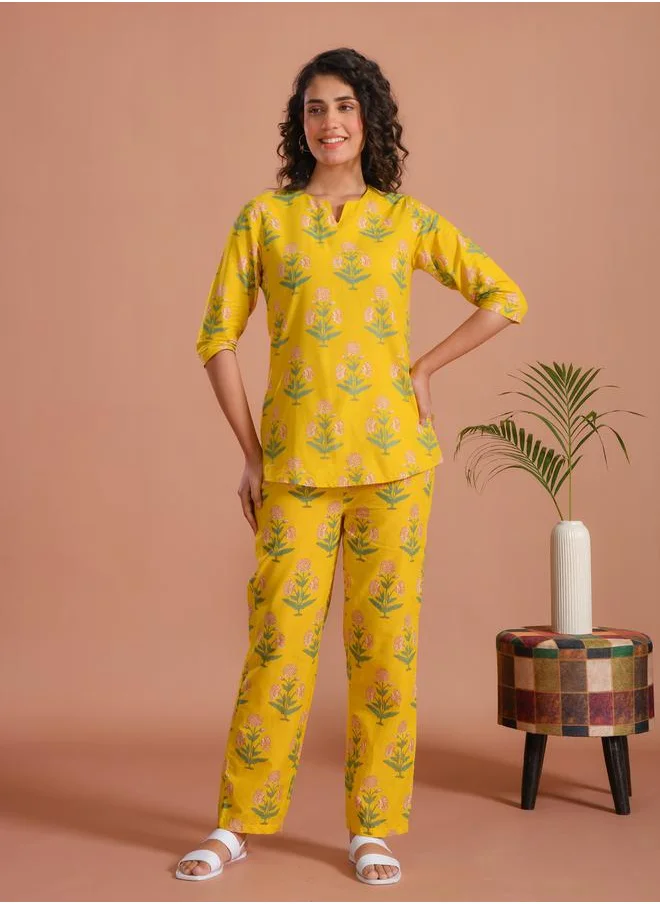 sanskrutihomes Pure Cotton Printed Notch Neck Top and Pyjama Set by Styli
