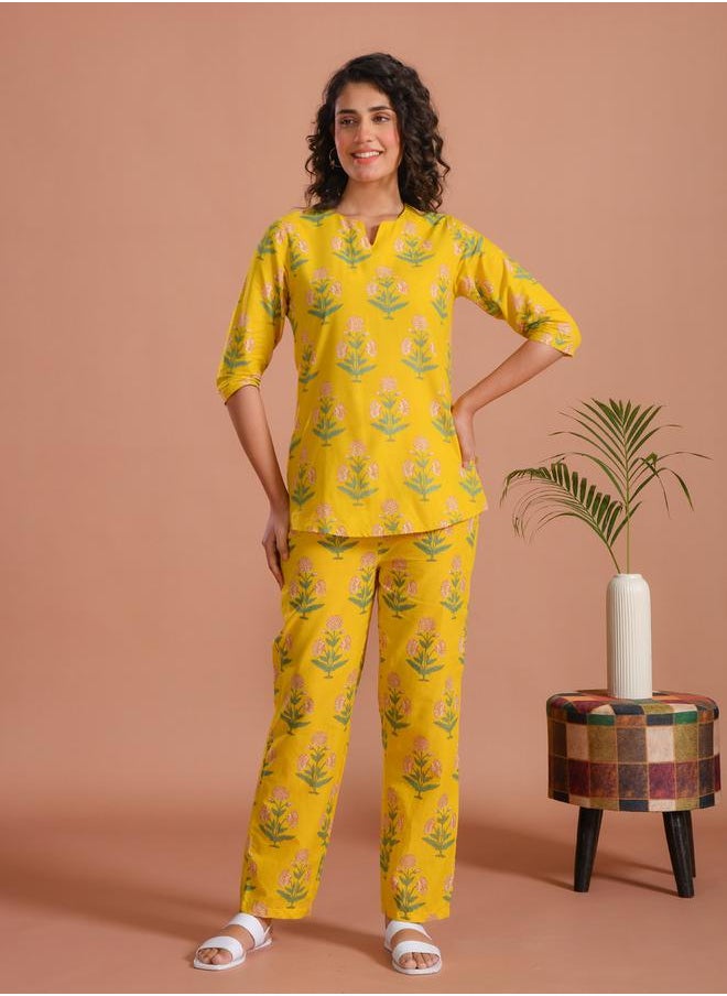 sanskrutihomes Pure Cotton Printed Notch Neck Top and Pyjama Set by Styli  - Image 1