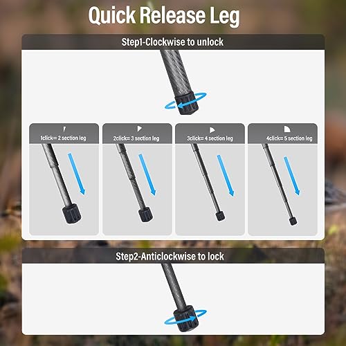 SIRUI Carbon Fiber Tripod Lightweight 2lbs with Panoramic Fluid Head, 59.8” Compact Camera Tripod Quick Release Leg Setup, Reversible Center Column, Reverse Folding Legs, Max Load 11lbs - Traveler X - Image 4