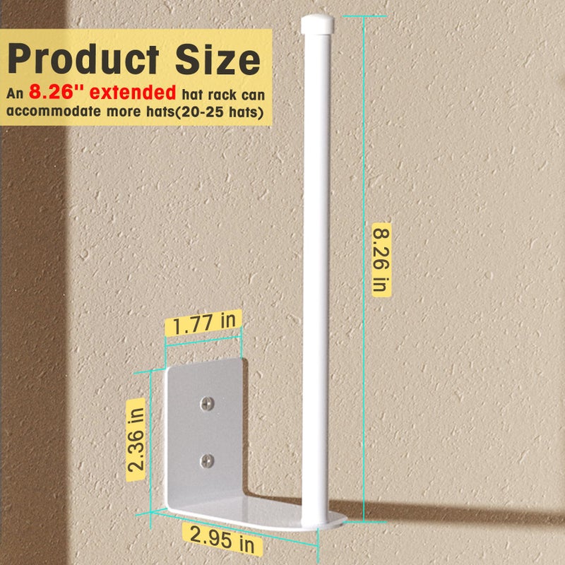 Durmmur 2 Pack White Hat Racks for Baseball Caps, Stainless Steel Hat Organizer for Baseball Cap, Hat Holder Storage Organizer, Hat Hanger Strong Adhesive/Wall Drilled for Door, Bedroom, Closet(8.26 in) - Image 3