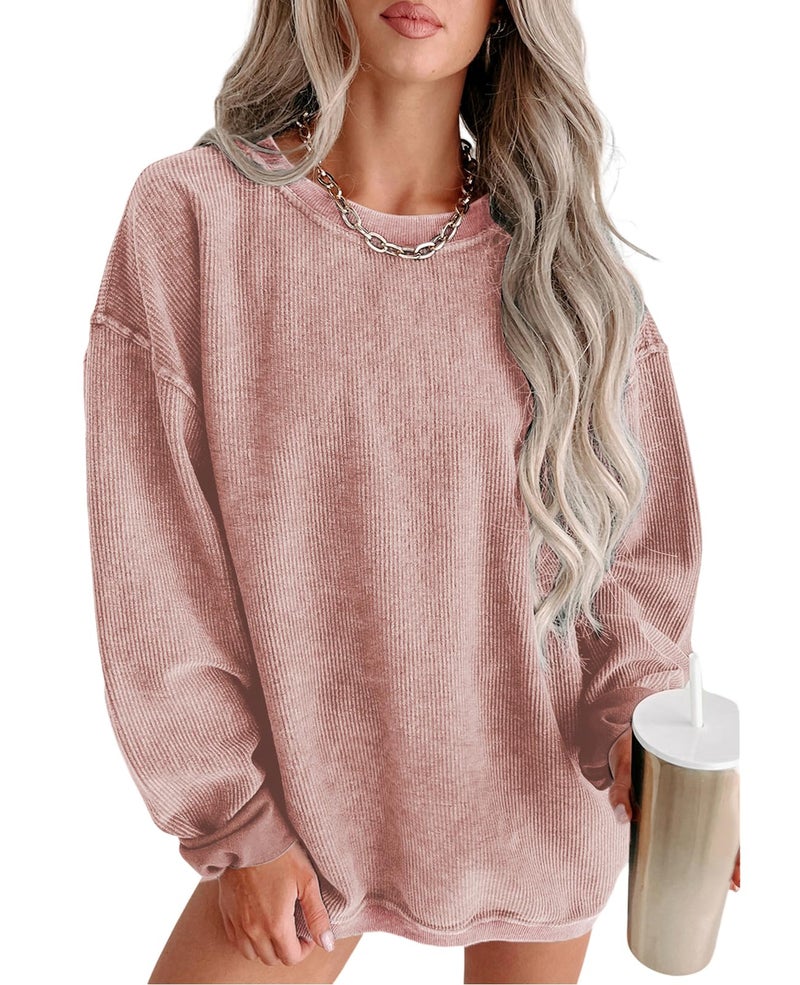 SELINK Womens Crewneck Oversized Corduroy Corded Sweatshirt Long Sleeve Casual Pullover Tops Pink-M - Image 1