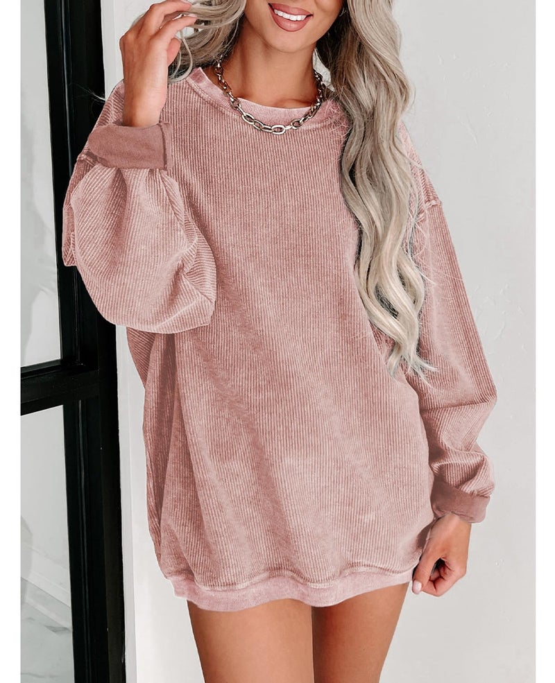 SELINK Womens Crewneck Oversized Corduroy Corded Sweatshirt Long Sleeve Casual Pullover Tops Pink-M - Image 2