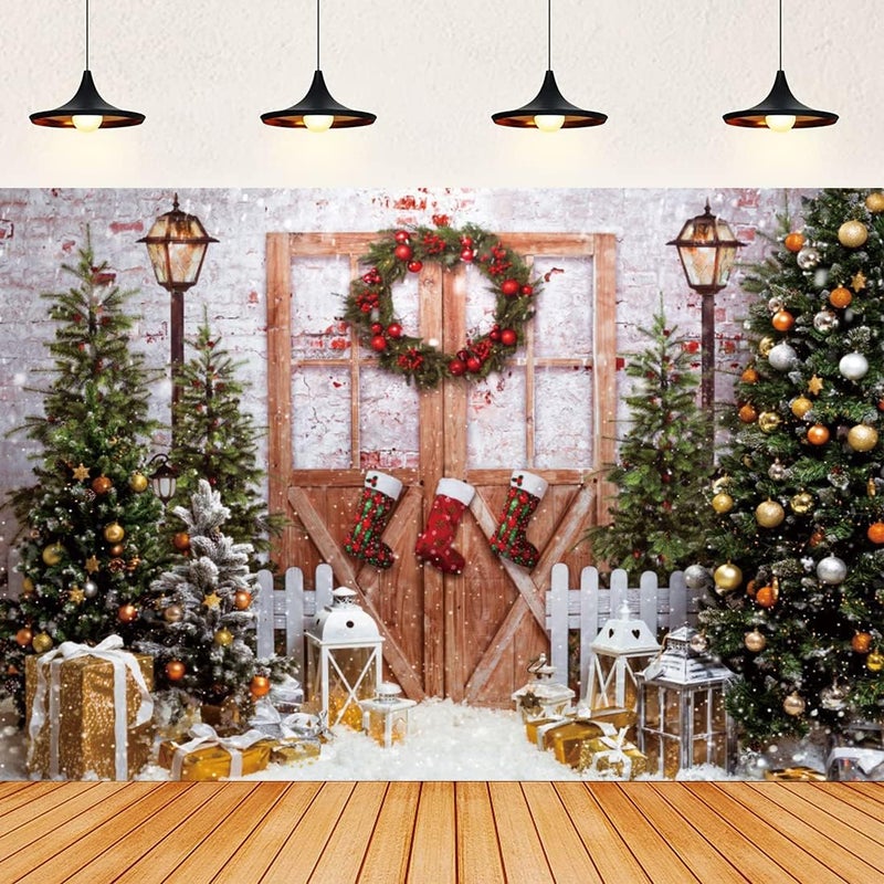 BPA Merry Christmas Barn Door Backdrop for Photography, 7X5ft Xmas Tree Door Snow Scene Gift Wall Floor Party Photo Background - Image 1