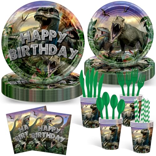 Avezano 192 Pcs Dinosaur Birthday Party Supplies Jurassic Dinosaur Plates and Napkins for Birthday Party Dinosaur Theme Birthday Party Decoration for Kids Serves 24 - Image 1