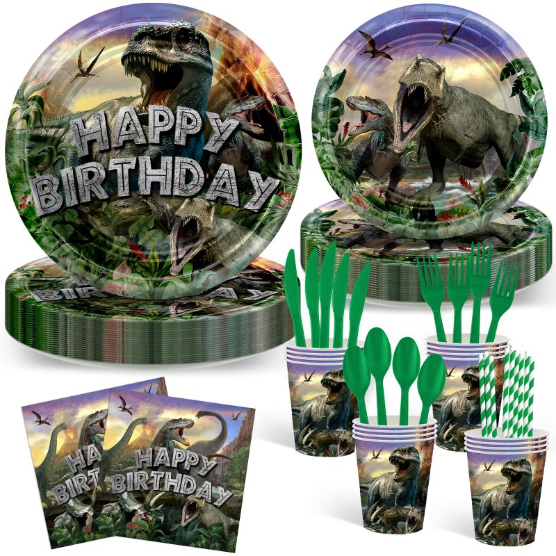 Avezano 192 Pcs Dinosaur Birthday Party Supplies Jurassic Dinosaur Plates and Napkins for Birthday Party Dinosaur Theme Birthday Party Decoration for Kids Serves 24 - Image 2