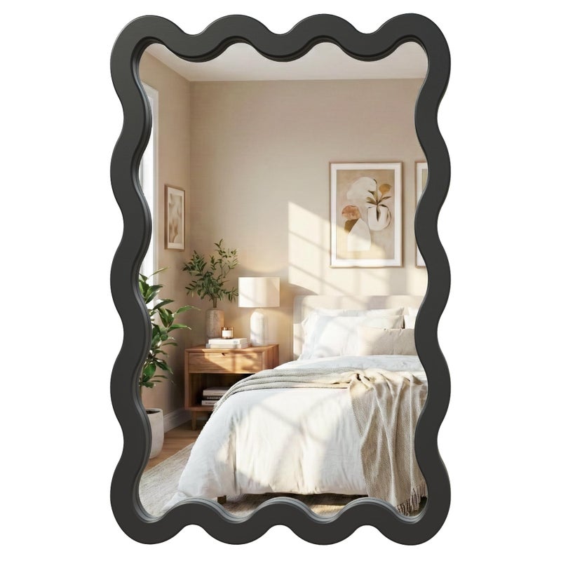 Pocetry مرآة حائط سوداء غير لامعة 24"x36" بتصميم متموج لحمام الزينة، مرآة كبيرة من الخشب الصلب غير متناسقة، مرآة متعرجة غير منتظمة لغرفة النوم، ديكور عصري فني مميز - Image 1