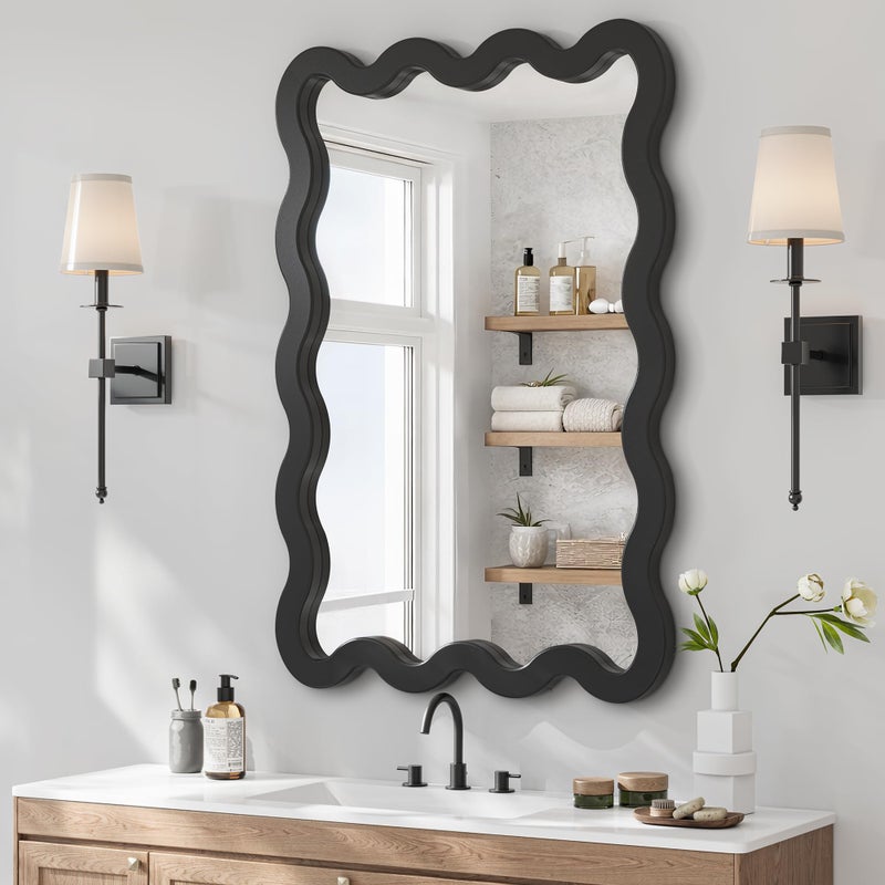 Pocetry مرآة حائط سوداء غير لامعة 24"x36" بتصميم متموج لحمام الزينة، مرآة كبيرة من الخشب الصلب غير متناسقة، مرآة متعرجة غير منتظمة لغرفة النوم، ديكور عصري فني مميز - Image 2
