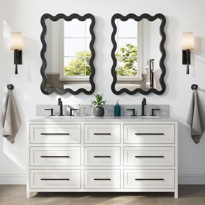Pocetry مرآة حائط سوداء غير لامعة 24"x36" بتصميم متموج لحمام الزينة، مرآة كبيرة من الخشب الصلب غير متناسقة، مرآة متعرجة غير منتظمة لغرفة النوم، ديكور عصري فني مميز - Image 5