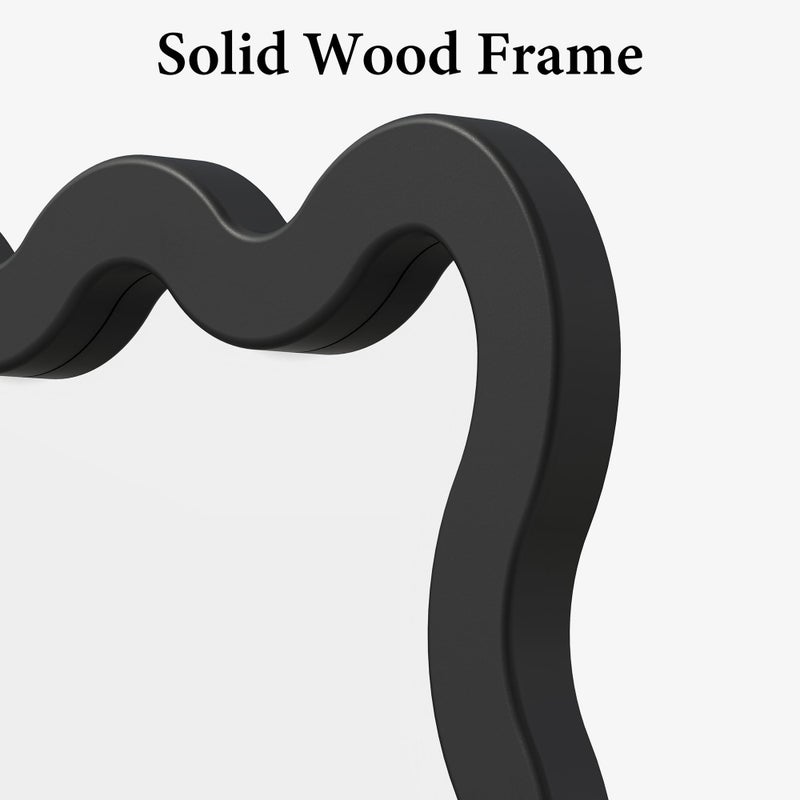 Pocetry مرآة حائط سوداء غير لامعة 24"x36" بتصميم متموج لحمام الزينة، مرآة كبيرة من الخشب الصلب غير متناسقة، مرآة متعرجة غير منتظمة لغرفة النوم، ديكور عصري فني مميز - Image 3