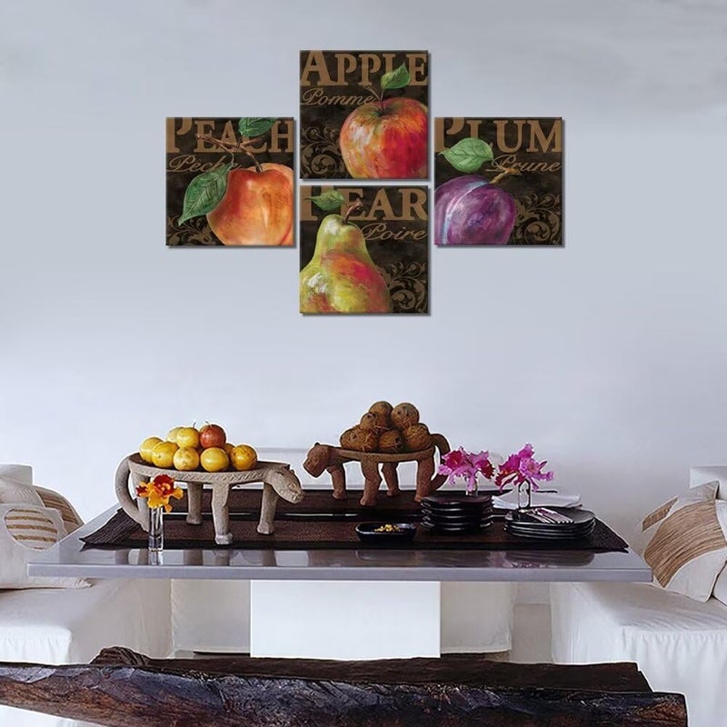 Wall HDQ Fruits Wall Art for Kitchen Apple Peach Pear Plum Wall Decor Retro Food Canvas Pictures Abstract Framed Artwork Print Painting for Dining Room Home Walls Decoration 10''x10'' x 4Pcs - Image 5