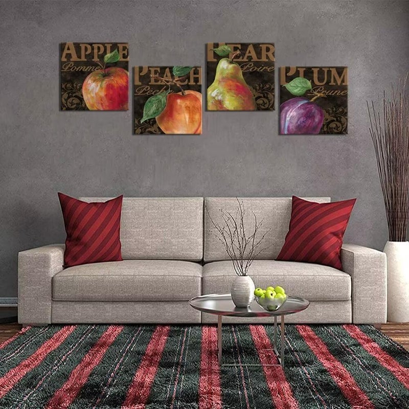 Wall HDQ Fruits Wall Art for Kitchen Apple Peach Pear Plum Wall Decor Retro Food Canvas Pictures Abstract Framed Artwork Print Painting for Dining Room Home Walls Decoration 10''x10'' x 4Pcs - Image 3