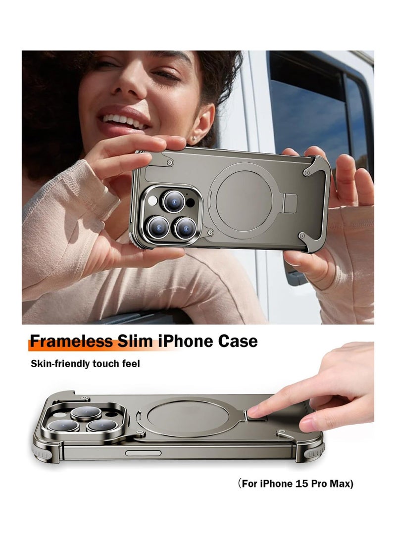 Metal Frameless Case for iPhone 15 Promax with Magsafe Kickstand [Screen Protector], Slim Hard Shockproof Thin for iPhone 15 Pro Max Case with Ring Holder Invisible Stand, Natural Titanium  - Image 4