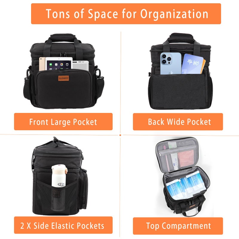 GLENKEY Expandable Insulated Large Lunch Box, Double Deck Heavy Duty Durable Lunch Bag Leakproof Cooler Bags for Men Women Adults Work Shift Flight Beach Daytrip, 20 Can, Black, GLENKEY - Image 3