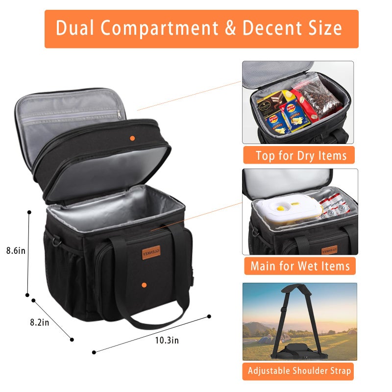 GLENKEY Expandable Insulated Large Lunch Box, Double Deck Heavy Duty Durable Lunch Bag Leakproof Cooler Bags for Men Women Adults Work Shift Flight Beach Daytrip, 20 Can, Black, GLENKEY - Image 2