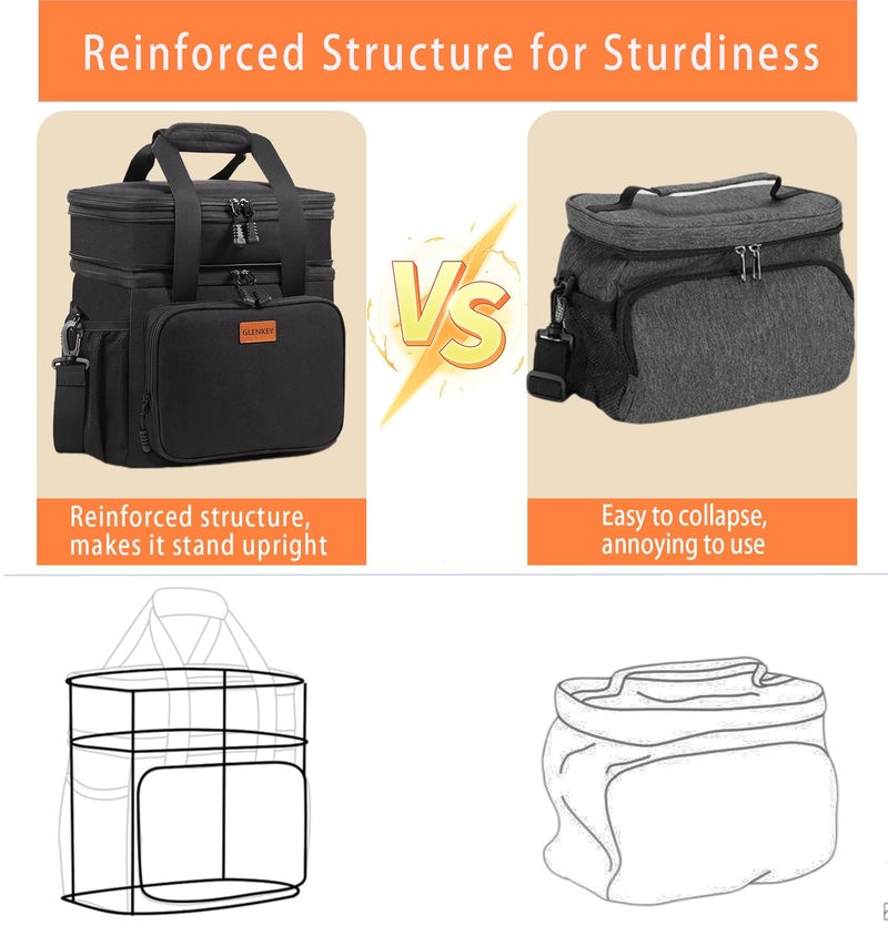 GLENKEY Expandable Insulated Large Lunch Box, Double Deck Heavy Duty Durable Lunch Bag Leakproof Cooler Bags for Men Women Adults Work Shift Flight Beach Daytrip, 20 Can, Black, GLENKEY - Image 4