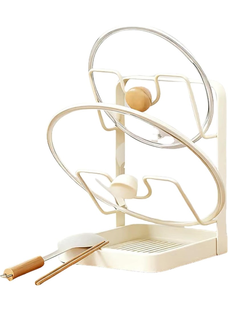 Kitchen Pot Lid Storage Rack - Pot Lid Holder - Pot Lid Rack while cooking - Pot Lid Organizer (Beige, 2-Layer) - Image 1