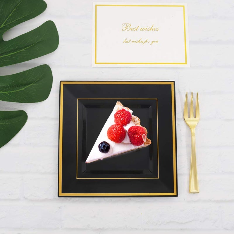 bUCLA 100PCS Black Square Plastic Plates with Gold Rim - 6 inch Disposable Dessert/Appetizer/Small Cake Plates for Party, Graduation & New Year - Image 3