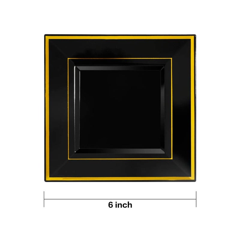 bUCLA 100PCS Black Square Plastic Plates with Gold Rim - 6 inch Disposable Dessert/Appetizer/Small Cake Plates for Party, Graduation & New Year - Image 2