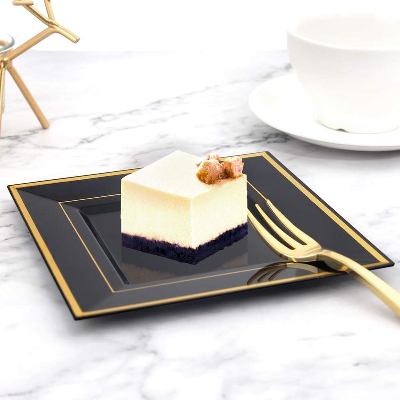 bUCLA 100PCS Black Square Plastic Plates with Gold Rim - 6 inch Disposable Dessert/Appetizer/Small Cake Plates for Party, Graduation & New Year - Image 5