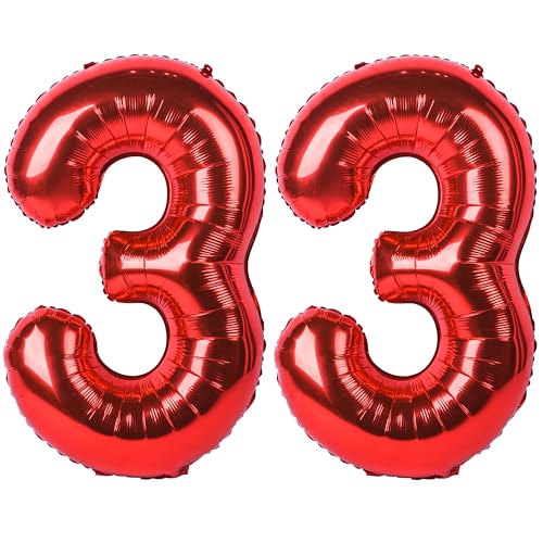 CHANGZHONG 40 Inch Red Number 33 Balloon Giant Helium Polyester Film 33th Birthday Girl Boy Self Inflating Digit ThirtyThree For Anniversary Celebration Baby Shower New Year Engagement Party Decoration - Image 1