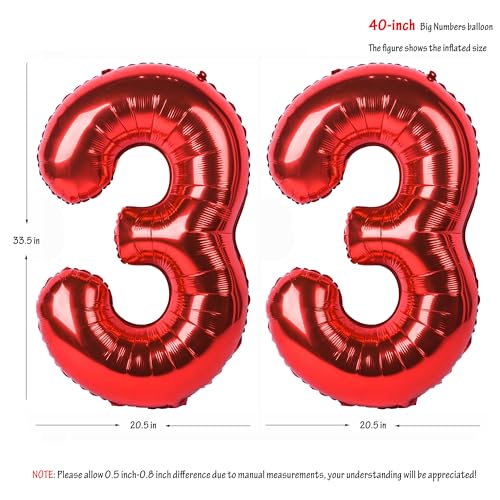CHANGZHONG 40 Inch Red Number 33 Balloon Giant Helium Polyester Film 33th Birthday Girl Boy Self Inflating Digit ThirtyThree For Anniversary Celebration Baby Shower New Year Engagement Party Decoration - Image 5